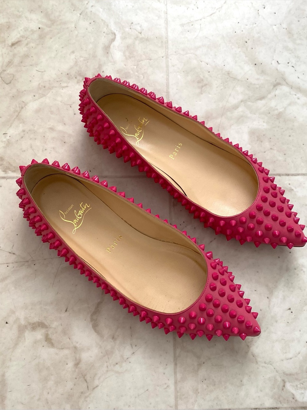 Christian Louboutin Pigalle Hot Pink Leather Spikes Studs Ballet Flats Sz 7.5